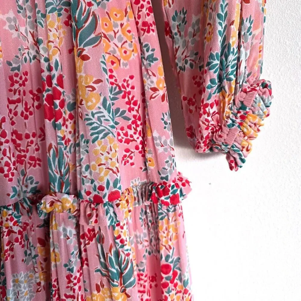 Boden Pink Floral Tiered Midi Dress Long Sleeve Viscose Belted Maxi Size 6R 6
